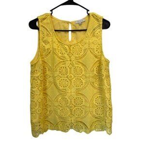 Skies Are Blue Yellow Floral Lace Sleeveless Top Keyhole Back L 36602